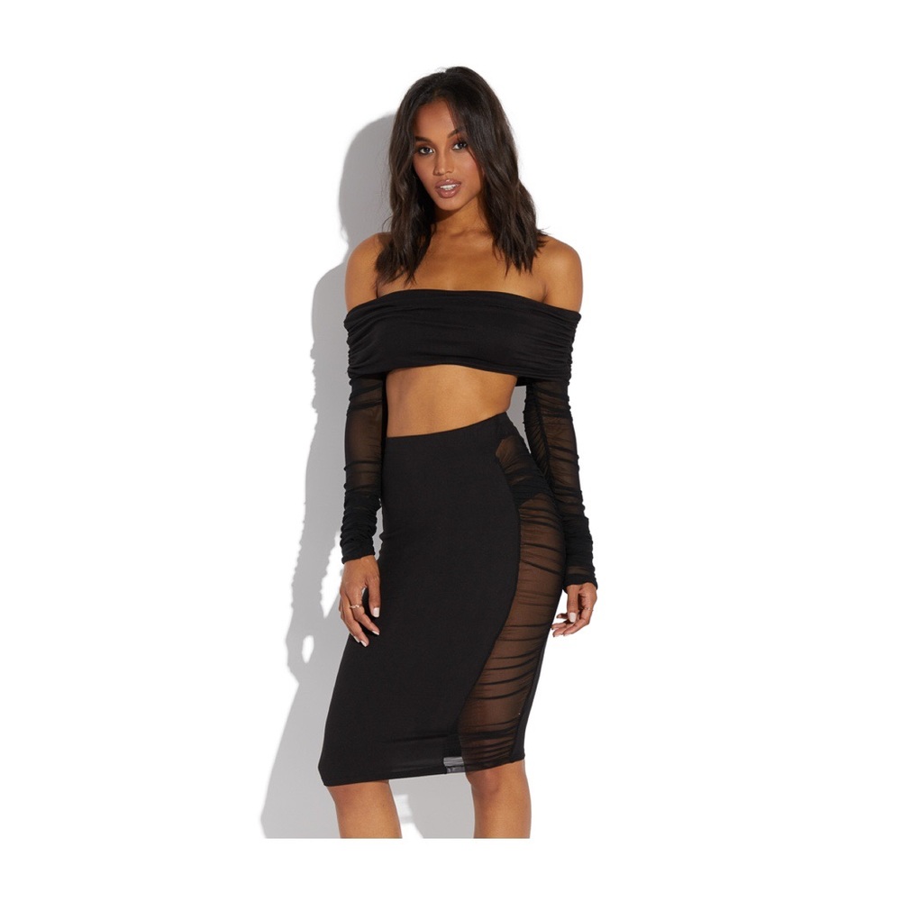 Off Shoulder Crop Top and Midi Skirt - Black